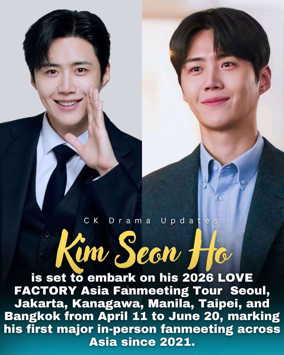 South Korean actor Kim Seon Ho , known for Netflix&039;s can this love be translated will embark on his 2026 LOVE FACTORY Asia Fanmeeting Tour. The tour begins in Seoul on April 11–12, followed by stops in Jakarta, Kanagawa, Manila, Taipei, and Bangkok through June 20. Ck Drama updates