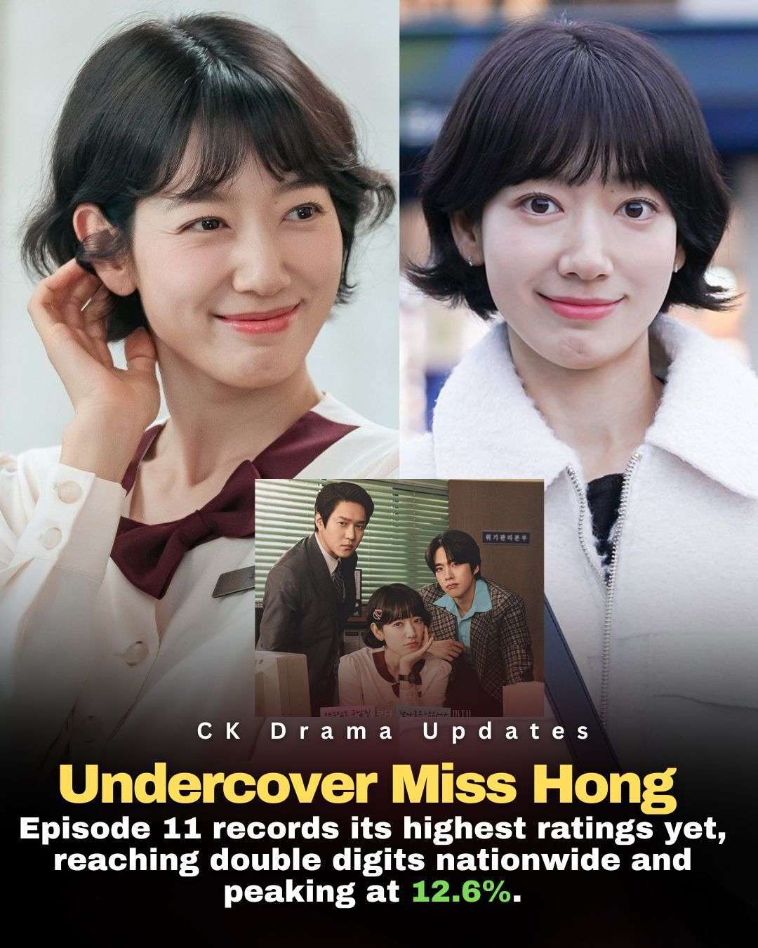 undercover miss hong Episode 11 Records Impressive Double Digit Ratings 
The latest episode of Undercover Miss Hong continues its strong run, achieving solid double digit ratings nationwide. 
Nationwide 
10.6% viewership (peaking at 12.6%) 
2.587 million viewers 
 Seoul 
10.7% viewership (peaking at 13.1% Ck Drama updates