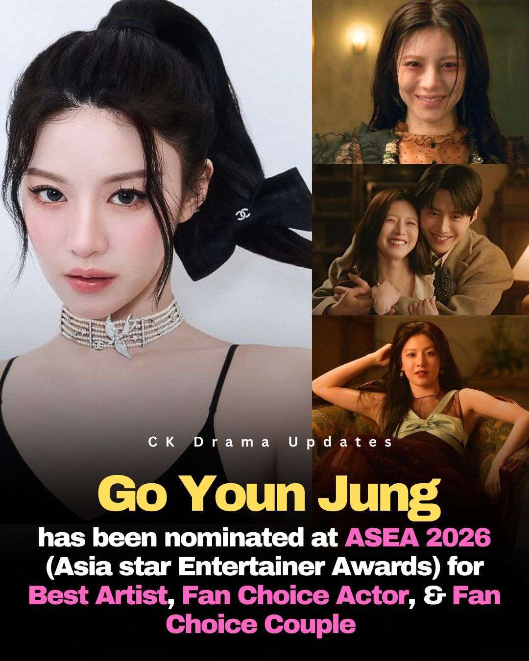 goyounjung has been nominated in the Best Artist (Actress) category at the Asia Star Entertainer Awards 2026, alongside nominations for Fan Choice Actor and Fan Choice Couple. 
She recently starred in the Netflix drama canthislovebetranslated ?, which became a global hit, trending at 1 in several countries and earning praise for her nuanced performance and on screen chemistry with kimseonho . Ck Drama updates