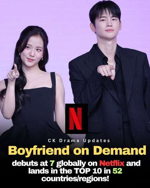 Netflix’s latest drama, boyfriendondemand starring jisoo & seoinguk makes a strong debut, entering the global top 10 at 7 and reaching the TOP 10 in 52 countries and regions. 
The romantic comedy has quickly captured the attention of audiences worldwide, earning praise for its charming story and engaging performances. Its early success highlights the growing global appeal of Korean content and shows that fans everywhere are falling for this fun, heartwarming story. Ck Drama updates