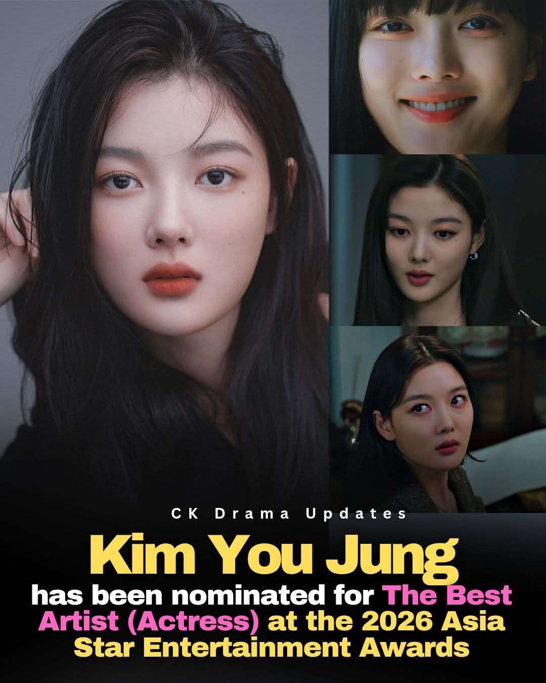 kimyoojung  has been nominated in the Best Artist ( Actress) category at the Asia Star Entertainer Awards 2026, following the success of her recent drama dearx . 
In the series, she played Baek Ah jin, a glamorous star hiding a dark and manipulative side. Her performance, full of subtle expressions and intense emotions, captivated both audiences and critics, earning praise for her versatility and depth. 
It also drew international attention, ranking on global streaming charts and sparking widespread discussion online, cementing Kim Yoo jung’s status as one of Korea’s leading actresses. Ck Drama updates
