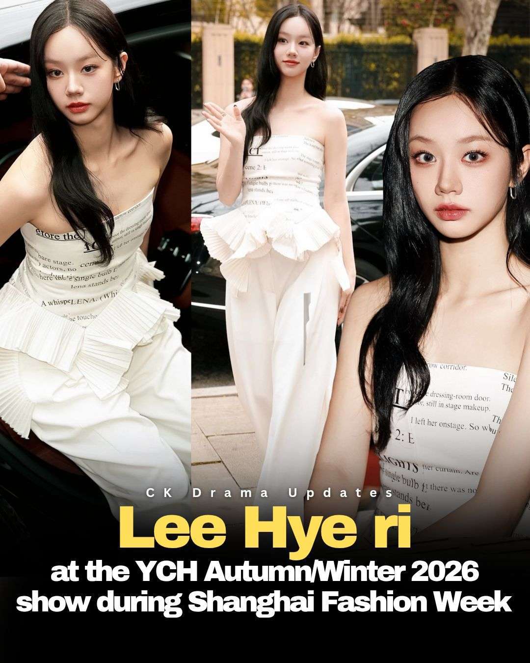 leehyeri made a stunning appearance today, at the Shanghai Fashion Week, attending the YCH Autumn/Winter 2026 runway show. After departing from Incheon International Airport earlier on morning today, she arrived at the venue as a representative of the renowned South Korean designer label YCH. 
Transitioning seamlessly from her effortless airport style, Hye ri elevated her look with a chic and sophisticated front row ensemble from YCH’s latest collection. She embraced a modern yet elegant aesthetic, pairing structured tailoring with delicate details that highlighted her refined sense of fashion. Her outfit was complemented by mi Ck Drama updates