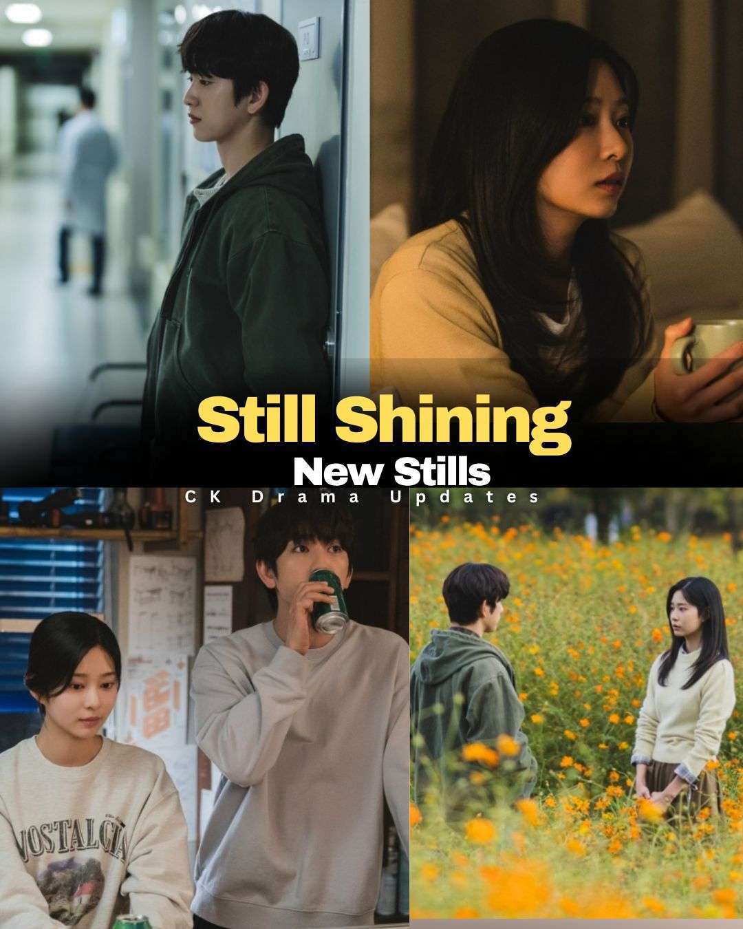 JTBC has released new stills from stillshining ahead of tonight’s episode  
The New Stills shows Yeon Tae Seo and Mo Eun Ah facing another moment of distance, as life once again pulls them in different directions. While Tae Seo remains by his grandmother’s side at the hospital, Eun Ah returns to Tongyeong, each quietly dealing with their own loneliness. 
However, the stills also hint at an emotional reunion, with Tae Seo traveling to see Eun Ah, leading to a heartfelt conversation between the two in a field of yellow flowers Ck Drama updates