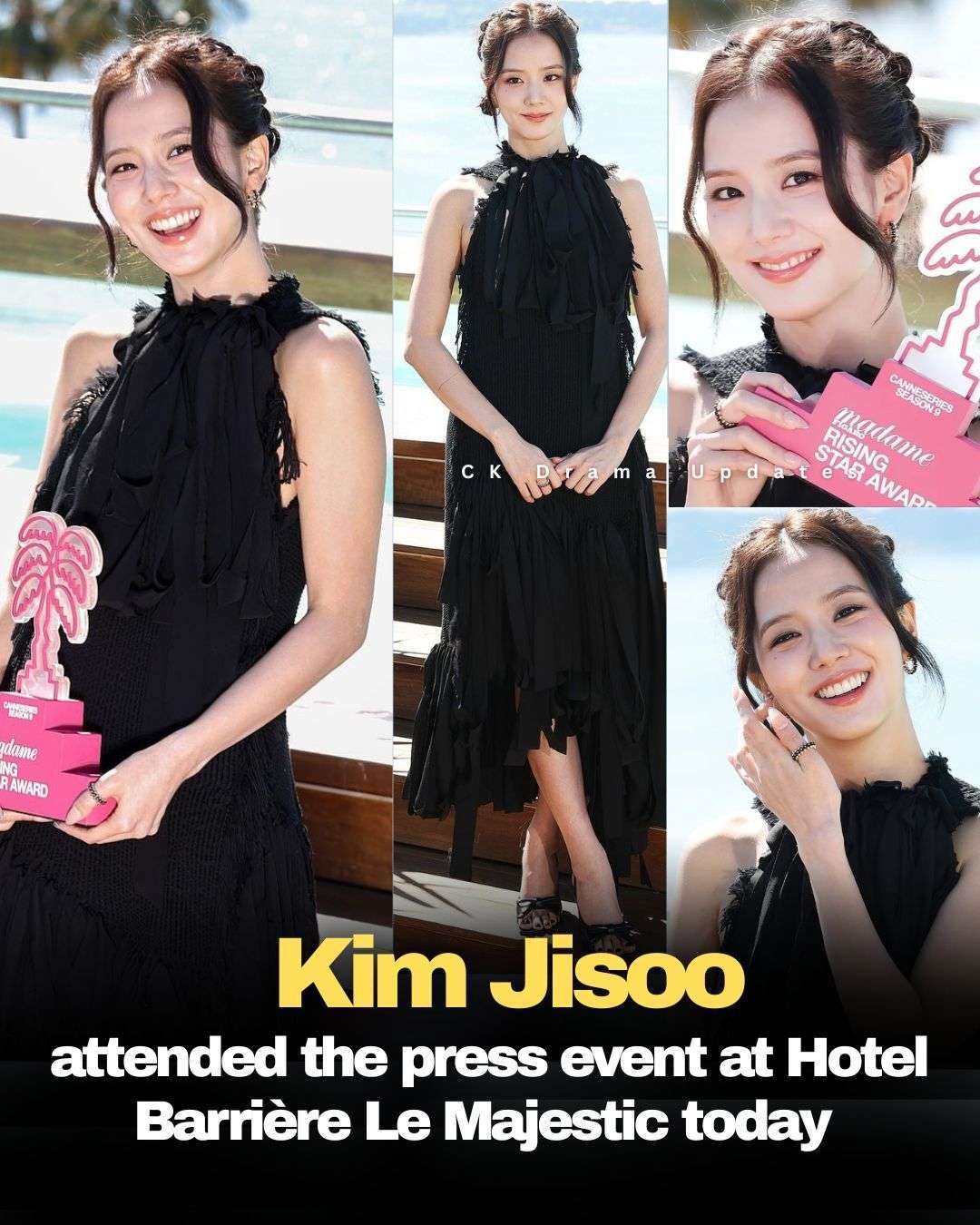 jisoo attended a press event at Hotel Barrière Le Majestic, where she posed gracefully with her award and drew attention for her elegant presence 
She wore a dress from the Dior AW26 collection, styled with Bow Heeled Slingback sandals from Dior. She completed the look with jewelry from the Clash de Cartier collection, including onyx set earrings and two matching rings. Ck Drama updates