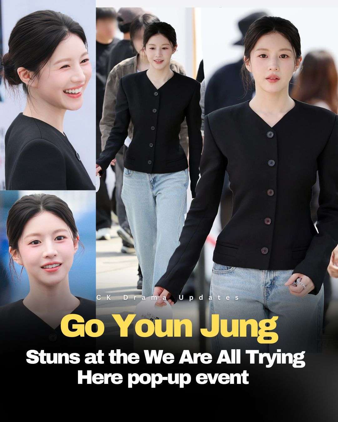 goyounjung attended the We Are All Trying Here pop up event today , radiating refined elegance. The actress showcased her signature aesthetic in a structured, collarless black blazer paired with light wash denim, effortlessly blending sharp tailoring with relaxed sophistication. 
Her polished presence further solidifies her reputation as a leading style icon, continually captivating with a look that remains both timeless and modern. Ck Drama updates