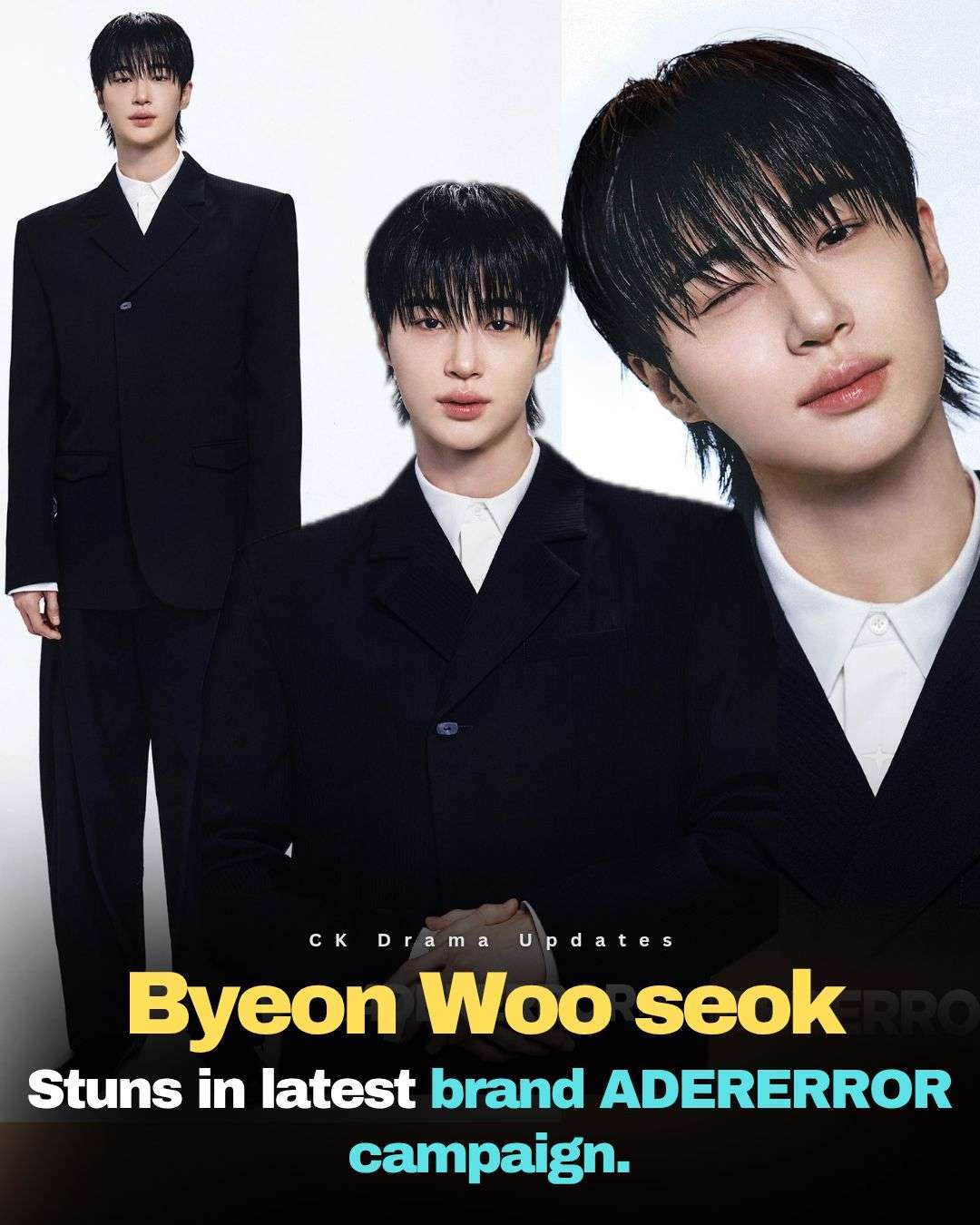 byeonwooseok stuns for the latest ADERERROR campaign. He effortlessly carries the brand’s signature oversized tailoring, featuring a sharp, sculptural blazer and a crisp, high collared shirt that emphasizes his refined proportions. The contrast between the sleek, monochromatic ensemble and his edgy, wet look styling highlights a perfect balance of classic sophistication and modern streetwear influence. Truly a standout fashion moment. CK Drama Updates