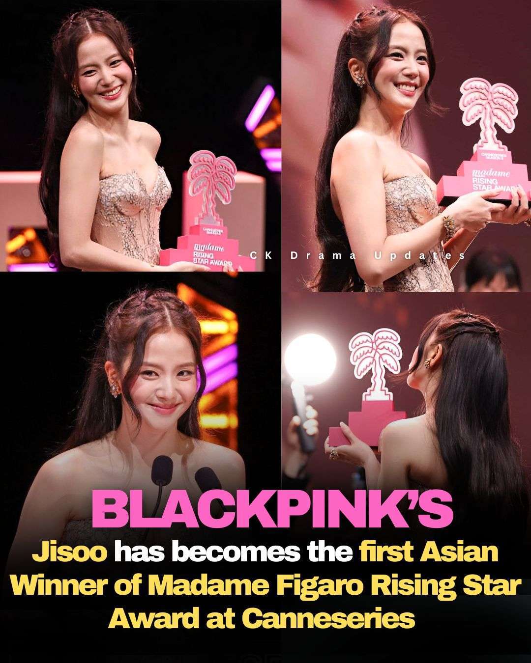 kim ji soo received her award yesterday, becoming the first Asian artist to win the Madame Figaro Rising Star Award at the Cannes International Series Festival a truly iconic milestone. blackpink Radiating elegance as she accepted the award, she shared heartfelt words about growth, gratitude, and her desire to continue showing new sides of herself through her work. Her sincerity and quiet confidence made the moment even more special. Ck Drama updates