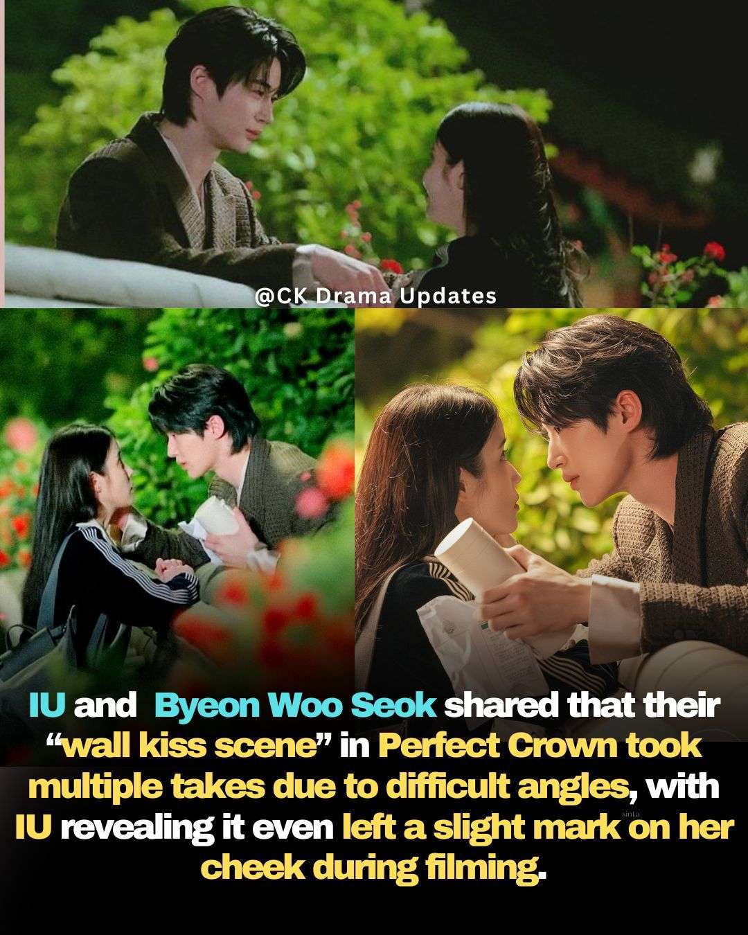 During a preview talk, Jang Do yeon brought up the famous wall kiss scene, and the cast couldn’t stop laughing at the behind the scenes chaos. IU and byeonwooseok revealed that the kiss wasn’t as smooth as it looked on screen their noses kept bumping into each other throughout filming. IU even added that there was literally a nose mark left on the cheek after one of the takes  
To make it even funnier, nohsanghyun asked how many takes they had to do, and both IU and Woo seok admitted they filmed that scene “so many times” because they just couldn’t get the angle right CK Drama Updates