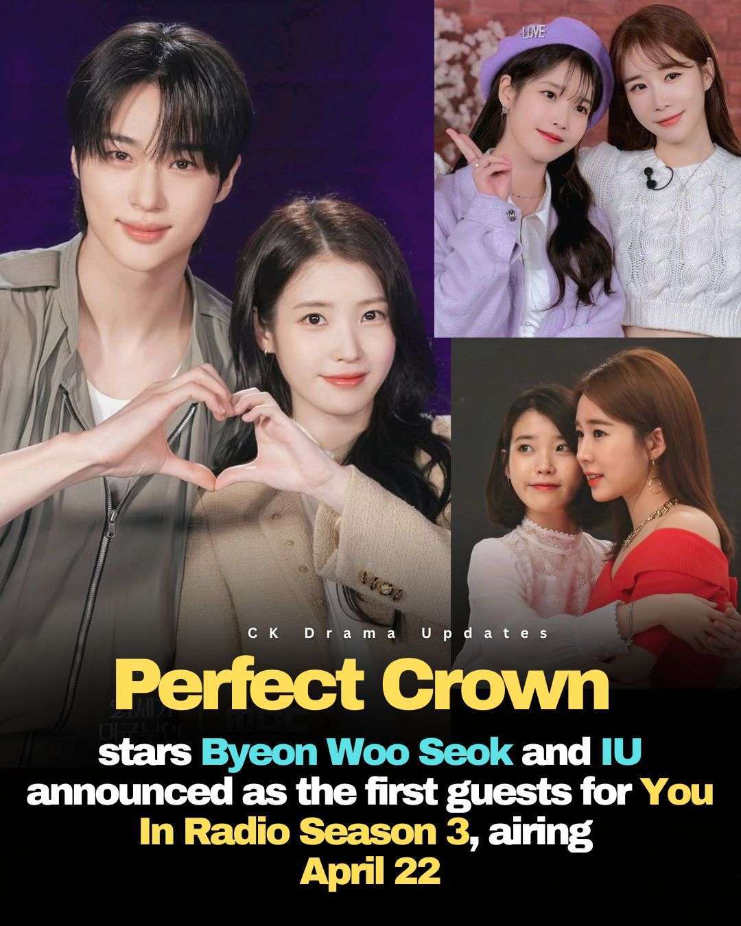 Perfect Crown stars Byeon Woo Seok and IU are set to make a special appearance as the first guests on You In Radio Season 3, airing April 22 
The episode is expected to highlight their on screen chemistry while sharing behind the scenes moments from perfectcrown . CK Drama Updates