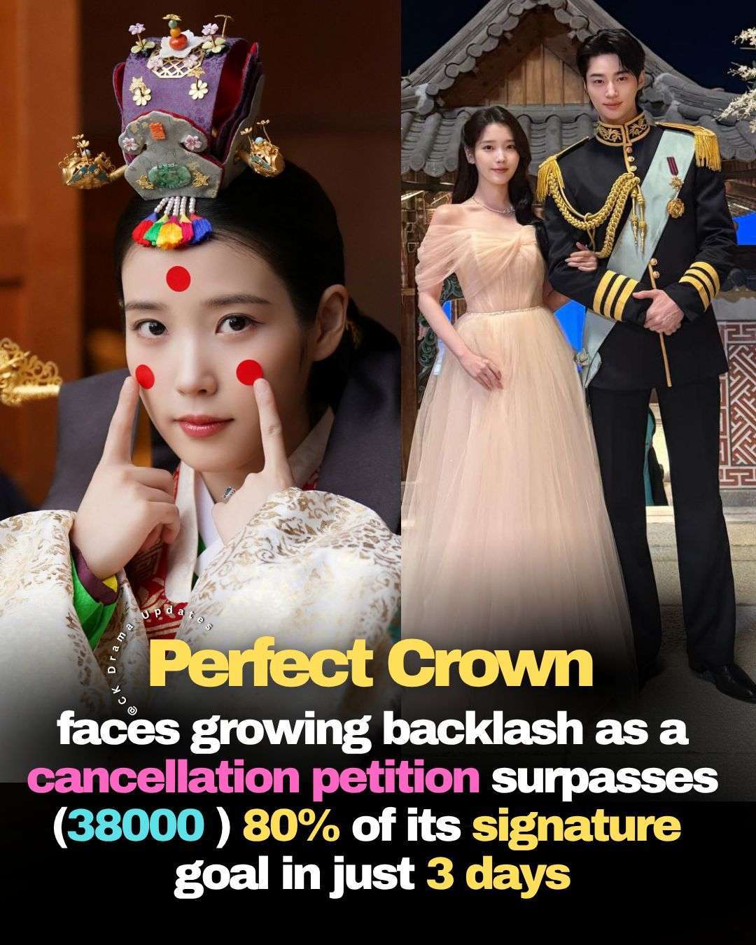 MBC’s perfectcrown is facing growing backlash as a National Assembly petition calling for the drama’s cancellation rapidly gains support. As of May 25, the petition had gathered around 38,000 signatures in just three days, reaching 77% of the 50,000 needed for official review by the relevant committee.The petition will remain open until June 21. 
Although the production team, director Park Joon Hwa, writer Yoo Ji Won, iu, and byeonwooseok  issued apologies, edited the scenes for reruns and OTT platforms, criticism has continued, with some viewers still calling for the drama to be removed from VOD and OTT services entirely. Ck Drama updates