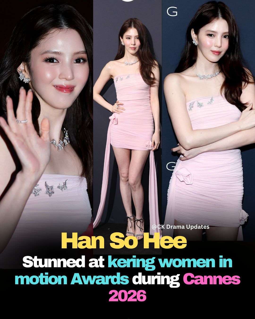hansohee turned heads at the 2026 Kering Women In Motion Awards during the 79th Cannes Film Festival with a lovely pastel mini dress and dazzling jewelry that perfectly matched her elegant aura. 
The soft glam styling, radiant visuals, and effortless confidence made this one of her most charming Cannes looks yet. She seriously never misses when it comes to fashion. Ck Drama updates