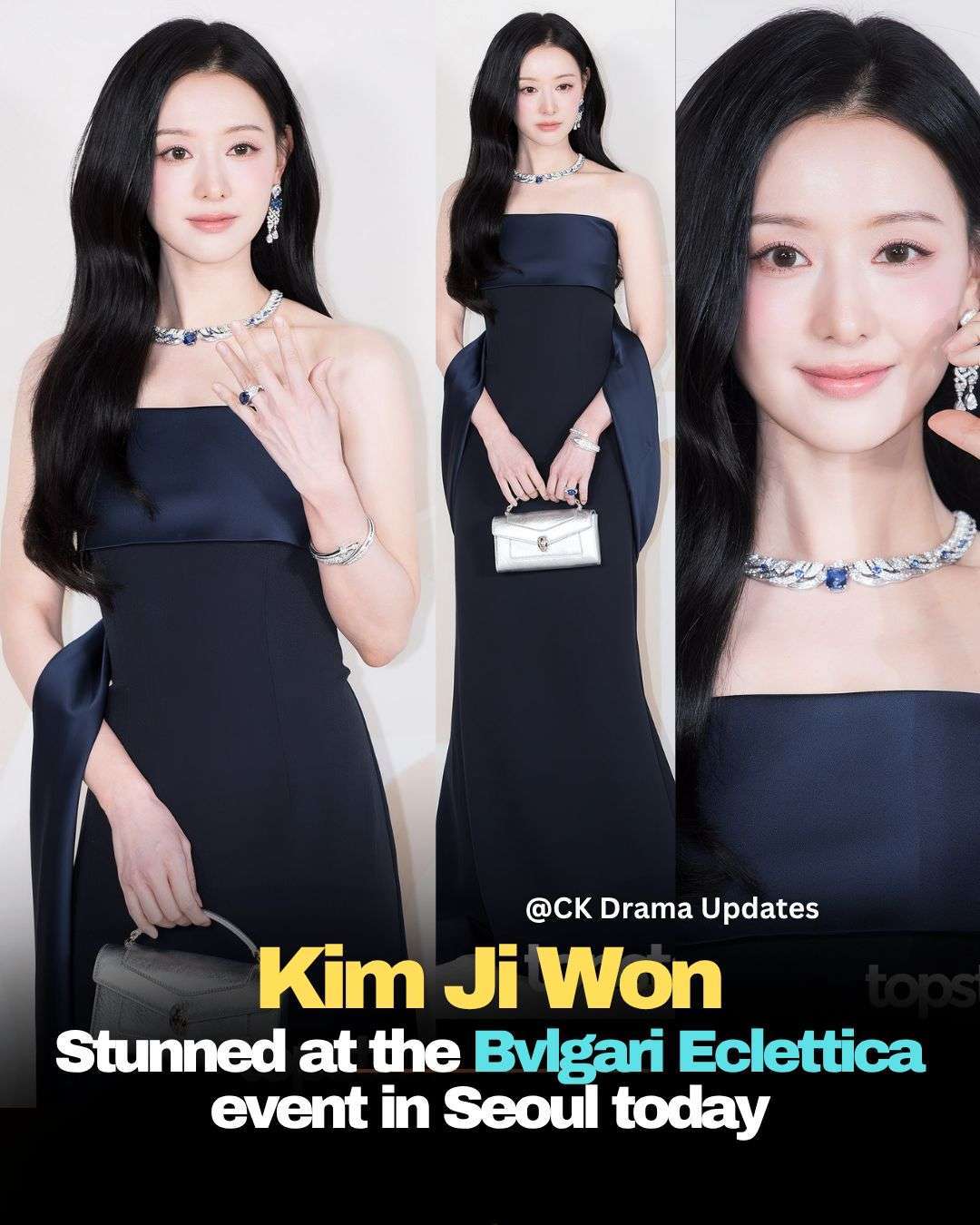 Actress kimjiwon showcased an elegant and timeless look at the Bulgari Eclettica event in Seoul today. She drew attention from fans and media with a sophisticated floor length strapless navy gown, detailed with a refined folded bodice and flowing draped accents. 
She completed the look with exquisite Bulgari high jewelry, including a statement necklace with blue gemstones and diamonds, matching drop earrings, and a Serpenti style bracelet. A metallic silver top handle bag and subtle rings added a modern touch, balancing luxury with grace. Her polished appearance once again highlighted her status as a leading style icon in the Ck Drama updates