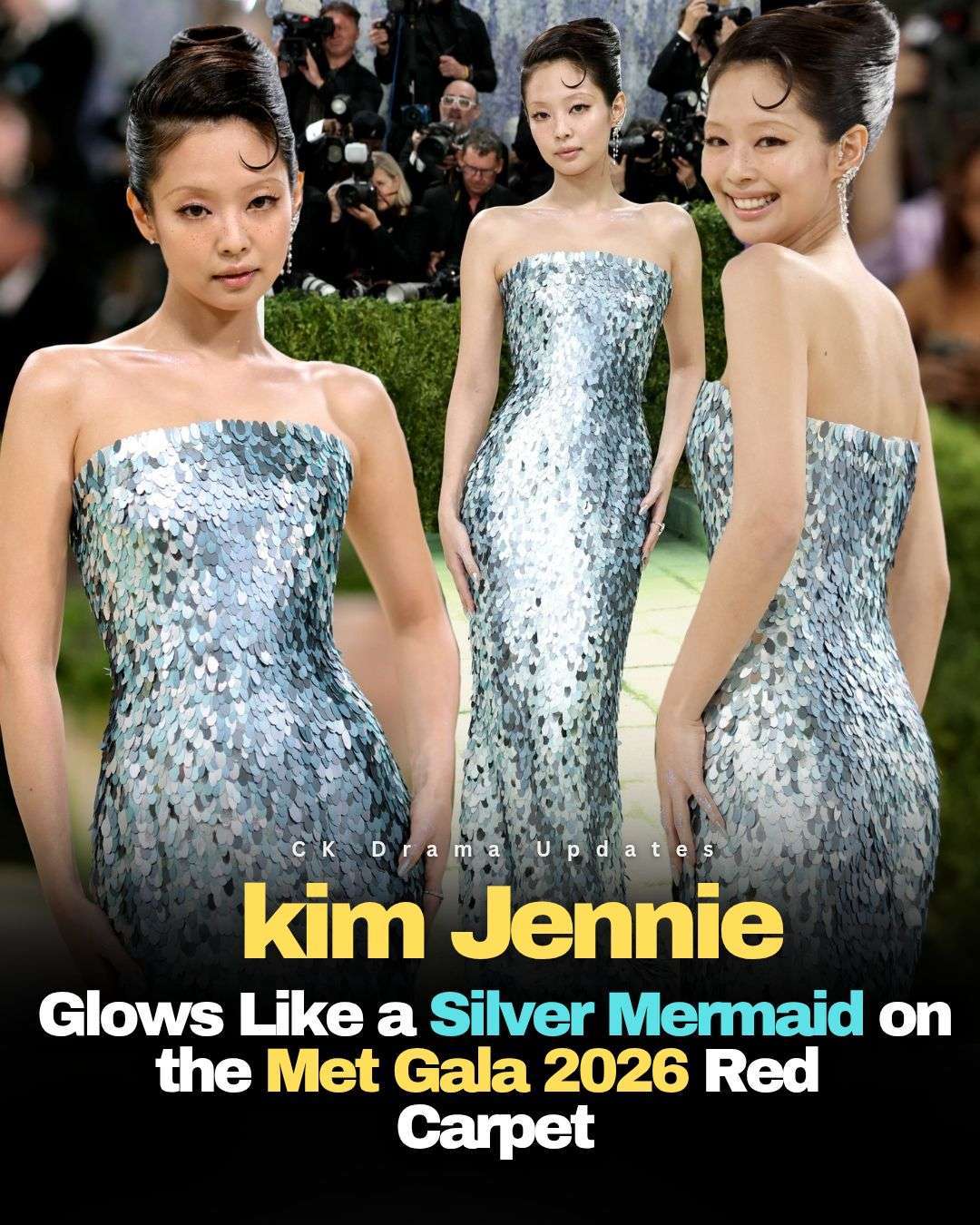 jenniekim delivered a breathtaking moment at the 2026 Met Gala, stepping onto the carpet in a refined blue Chanel column gown that feels straight out of a fantasy.  
The dress is beautifully adorned with shimmering sequin leaf embellishments, catching the light from every angle and creating a soft, ocean like glow. With its sleek silhouette and delicate detailing, the look channels an ethereal, mermaid inspired elegance while still staying true to Chanel’s timeless sophistication. Effortlessly graceful yet strikingly modern, Jennie once again proves why she remains one of the most captivating fashion icons on the global stage. Ck Drama updates