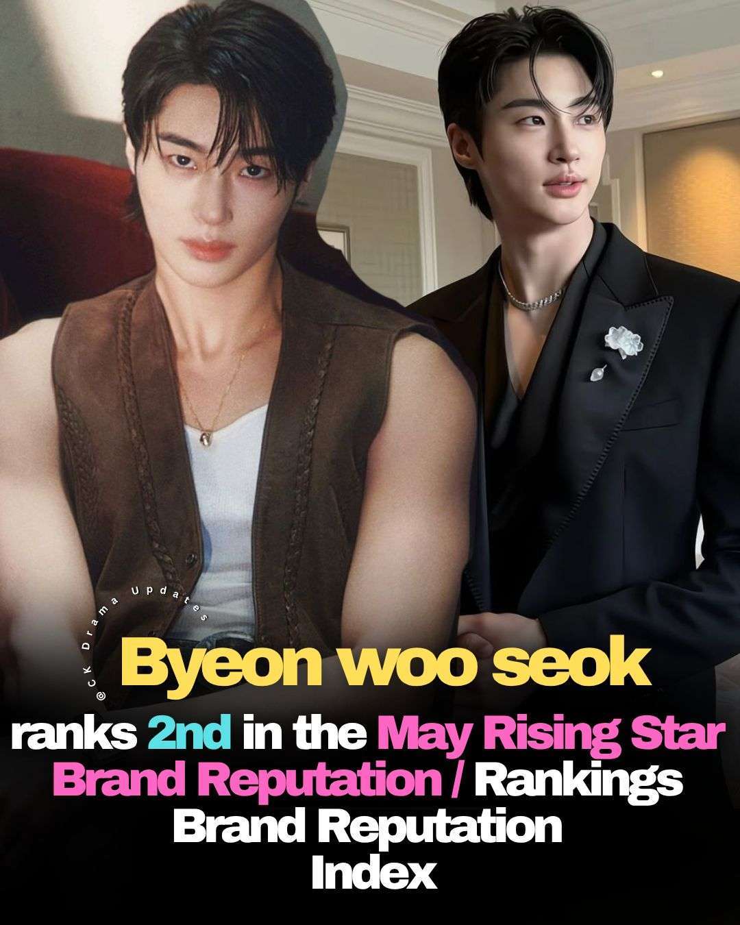 byeonwooseok continues his strong momentum, ranking 2nd in the May Rising Star Brand Reputation Rankings with a brand reputation index of 4,308,953, showing a 1.30% increase compared to last month.  
The Korean Business Research Institute compiled the rankings based on big data analysis of media coverage, consumer participation, interaction, and community awareness collected from April 30 to May 30. 
This achievement reflects his growing popularity and consistent rise in public attention, as he remains one of the most recognized rising stars in the entertainment industry this month. Ck Drama updates
