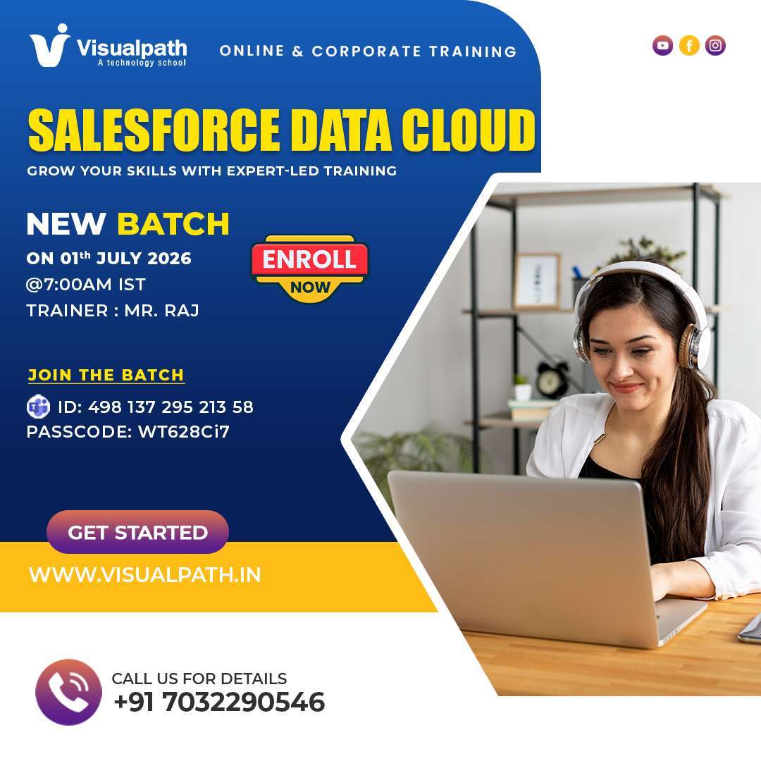🚀 𝗦𝗮𝗹𝗲𝘀𝗳𝗼𝗿𝗰𝗲 𝗗𝗮𝘁𝗮 𝗖𝗹𝗼𝘂𝗱 𝗢𝗻𝗹𝗶𝗻𝗲 𝗧𝗿𝗮𝗶𝗻𝗶𝗻𝗴 – 𝗝𝗼𝗶𝗻 𝘁𝗵𝗲 𝗡𝗲𝘄 𝗟𝗶𝘃𝗲 𝗕𝗮𝘁𝗰𝗵 𝗮𝘁 𝗩𝗶𝘀𝘂𝗮𝗹𝗽𝗮𝘁𝗵! 
🎯 Master salesforcedatacloud with hands on training, real world projects, and industry relevant skills for career growth.
✨ 𝐁𝐚𝐭𝐜𝐡 𝐃𝐞𝐭𝐚𝐢𝐥𝐬: 
📅 𝗦𝘁𝗮𝗿𝘁𝘀: 1st July 2026 
⏰ 𝗧𝗶𝗺𝗲: 7:00 AM IST 
👨‍🏫 𝗧𝗿𝗮𝗶𝗻𝗲𝗿: Mr. Raj
🆔 Meeting ID: 498 137 295 213 58 
🔐 Passcode: WT628Ci7
📞 𝗖𝗮𝗹𝗹/𝗪𝗵𝗮𝘁𝘀𝗔𝗽𝗽: +91 7032290546
salesforcedatacloud salesforce agentforce customer360 crm salesforceTraining onlinetraining corporatetraining Vamsi Visualpath