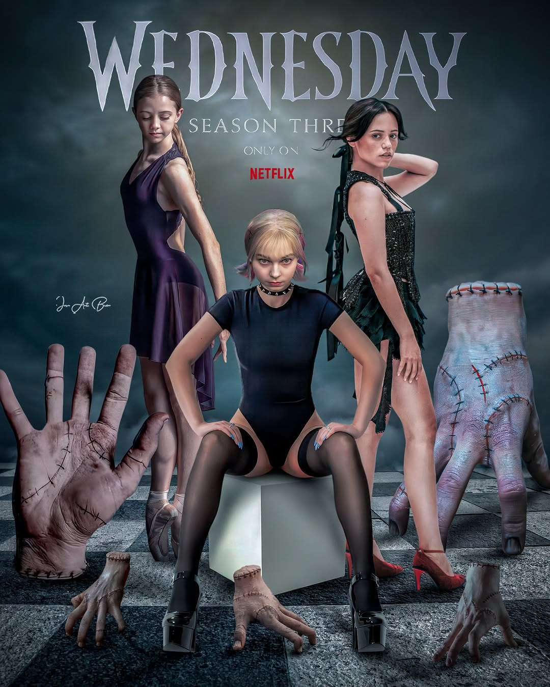This new season will be a real chess game...more sinister, darker, more Wednesday. Working on new visual concepts, this poster is a personal vision and not an official netflix poster. Jenna Ortega Emma Myers Evie Templeton Emma Myers