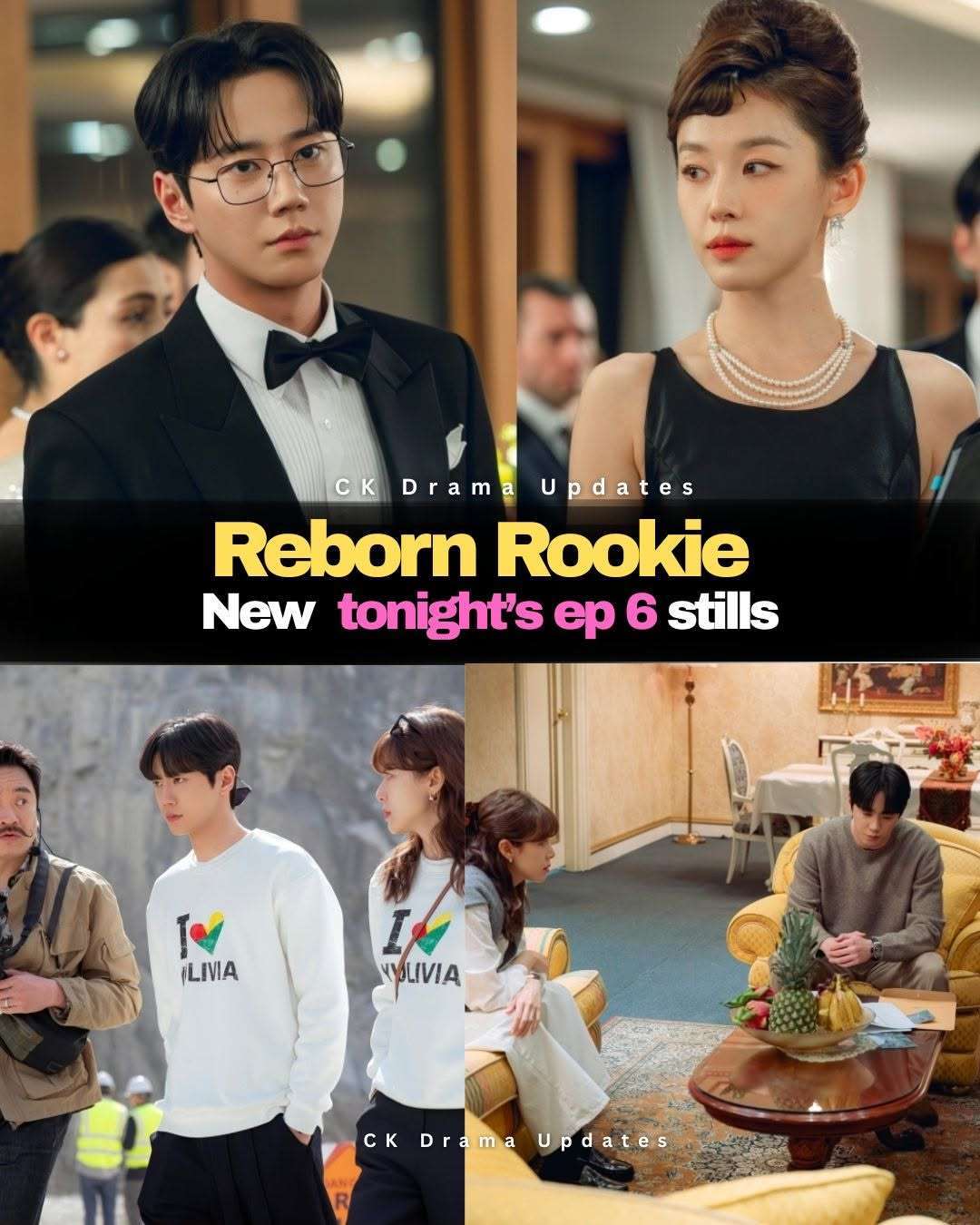 New tonight’s Episode 6 stills of rebornrookie are out, and they show Hwang Jun Hyun, Kang Bang Geul, and Park Bong Gi embarking on what appears to be another exciting mission together 
The newly released photos capture the trio working closely side by side, from late night strategy sessions in a hotel room to blending seamlessly into their surroundings with clever disguises and coordinated looks. One set of stills even shows Hwang Jun Hyun and Kang Bang Geul sporting matching vacation outfits, while another hints at a more sophisticated side of their mission as they appear in elegant formal attire at a glamorous event. Ck Drama updates