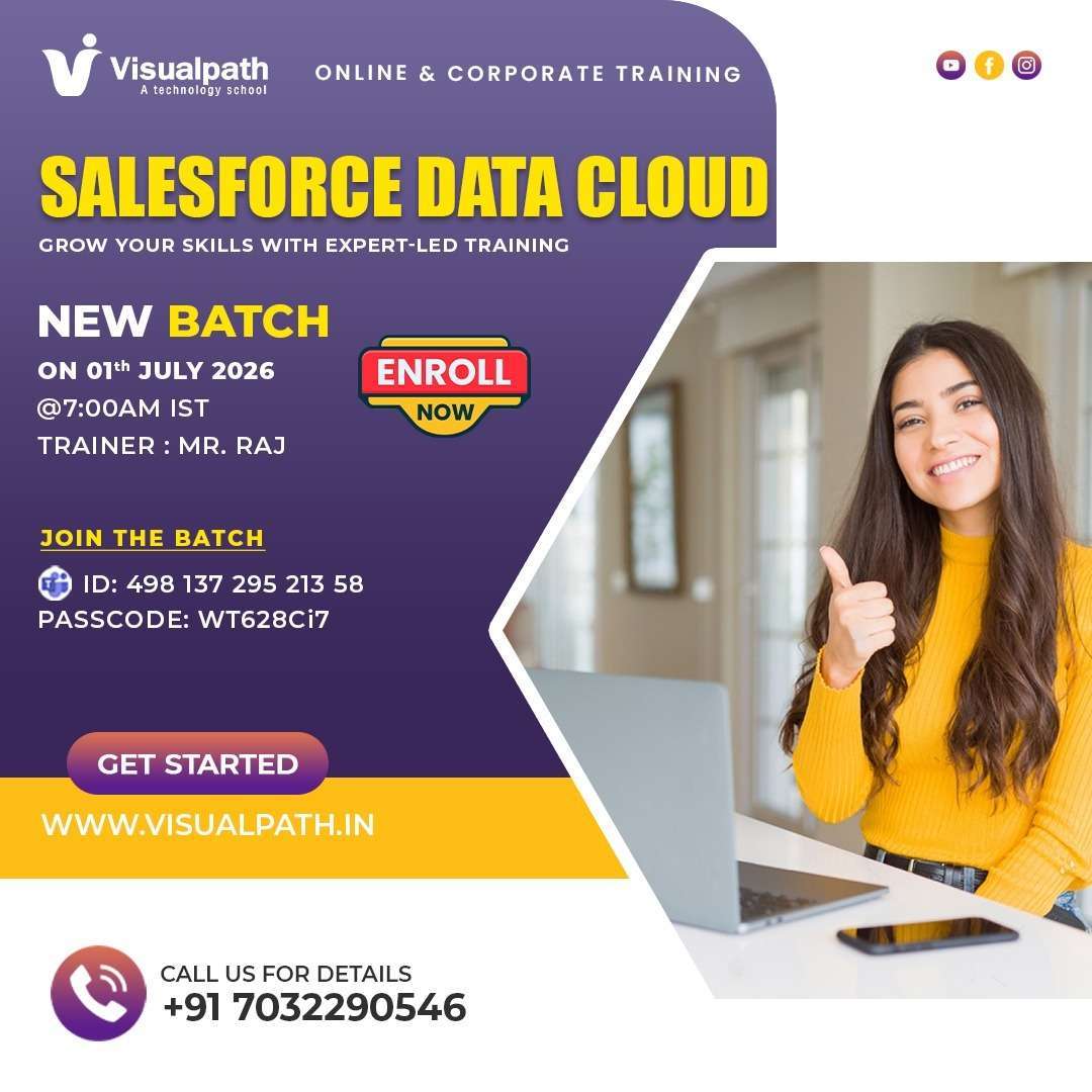 🎯 𝗦𝗮𝗹𝗲𝘀𝗳𝗼𝗿𝗰𝗲 𝗗𝗮𝘁𝗮 𝗖𝗹𝗼𝘂𝗱 𝗢𝗻𝗹𝗶𝗻𝗲 𝗧𝗿𝗮𝗶𝗻𝗶𝗻𝗴 – 𝗡𝗲𝘄 𝗕𝗮𝘁𝗰𝗵 𝗯𝘆 𝗩𝗶𝘀𝘂𝗮𝗹𝗽𝗮𝘁𝗵! 
🚀 Become job ready in SalesforceDataCloud with hands on training and real world projects.
✨ 𝐁𝐚𝐭𝐜𝐡 𝐃𝐞𝐭𝐚𝐢𝐥𝐬: 
📅 𝗦𝘁𝗮𝗿𝘁𝘀: 1st July 2026 
⏰ 𝗧𝗶𝗺𝗲: 7:00 AM IST 
👨‍🏫 𝗧𝗿𝗮𝗶𝗻𝗲𝗿: Mr. Raj
🆔 Meeting ID: 498 137 295 213 58 
🔐 Passcode: WT628Ci7
⚡ 𝗟𝗶𝗺𝗶𝘁𝗲𝗱 𝗦𝗲𝗮𝘁𝘀 𝗔𝘃𝗮𝗶𝗹𝗮𝗯𝗹𝗲 – 𝗘𝗻𝗿𝗼𝗹𝗹 𝗡𝗼𝘄!
📞 𝗖𝗮𝗹𝗹/𝗪𝗵𝗮𝘁𝘀𝗔𝗽𝗽: +91 7032290546
SalesforceDataCloud Salesforce Agentforce  OnlineTraining CorporateTraining Visualpath Vamsi Visualpath