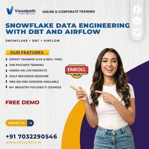 👉 Snowflake Data Engineering with DBT & Airflow – Free Demo 
📚 What You&039;ll Learn  
✅ Snowflake Fundamentals & Architecture  
✅ Data Warehousing Concepts  
✅ DBT for Data Transformation  
✅ Apache Airflow Workflow Automation  
✅ ETL & ELT Pipeline Development  
✅ SQL for Data Engineering  
✅ Real Time Data Engineering Projects 
visualpath agenticai dataengineering clouddata dataanalytics machinelearning bigdata datawarehouse aiinnovation enterpriseai datascience cloudcomputing datagovernance analytics techtrends   
onlinetraining corporatetraining freedemo Siva Naga