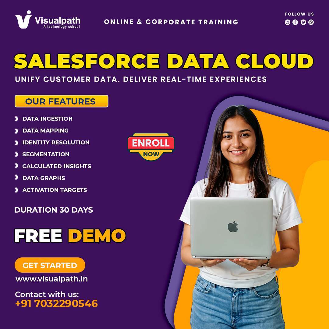 🚀 𝗠𝗮𝘀𝘁𝗲𝗿 𝗦𝗮𝗹𝗲𝘀𝗳𝗼𝗿𝗰𝗲 𝗗𝗮𝘁𝗮 𝗖𝗹𝗼𝘂𝗱 & 𝗕𝘂𝗶𝗹𝗱 𝗜𝗻 𝗗𝗲𝗺𝗮𝗻𝗱 𝗖𝗥𝗠 𝗦𝗸𝗶𝗹𝗹𝘀 𝘄𝗶𝘁𝗵 𝗩𝗶𝘀𝘂𝗮𝗹𝗽𝗮𝘁𝗵! 
🎯 Learn how top organizations unify customer data, create AI powered insights, and deliver personalized customer experiences using SalesforceDataCloud.
✨ 𝗪𝗵𝗮𝘁 𝗬𝗼𝘂’𝗹𝗹 𝗟𝗲𝗮𝗿𝗻: 
✔ Data Integration & Harmonization 
✔ Customer 360 & Identity Resolution 
✔ Real Time Data Activation
💥 𝗙𝗥𝗘𝗘 𝗟𝗶𝘃𝗲 𝗗𝗲𝗺𝗼 – Explore Salesforce Data Cloud in Action and Gain Job Ready Skills!
📞 𝗖𝗮𝗹𝗹: +91 7032290546
Visualpath Salesforce SalesforceDataCloud Vamsi Visualpath
