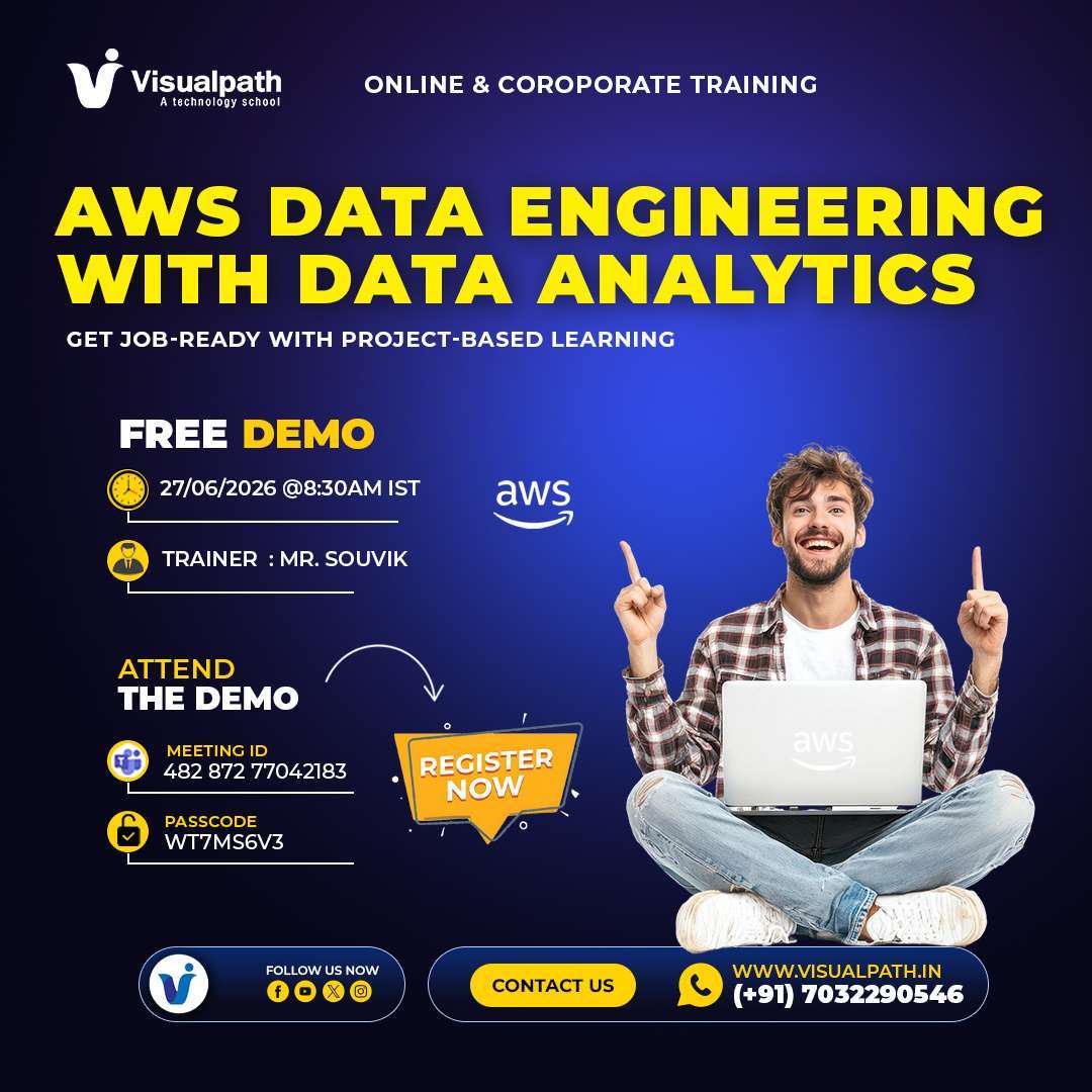 🎯 𝗙𝗥𝗘𝗘 𝗔𝗪𝗦 𝗗𝗮𝘁𝗮 𝗘𝗻𝗴𝗶𝗻𝗲𝗲𝗿𝗶𝗻𝗴 𝗟𝗶𝘃𝗲 𝗗𝗲𝗺𝗼 – 𝗚𝗮𝗶𝗻 𝗝𝗼𝗯 𝗥𝗲𝗮𝗱𝘆 𝗖𝗹𝗼𝘂𝗱 𝗦𝗸𝗶𝗹𝗹𝘀 𝘄𝗶𝘁𝗵 𝗥𝗲𝗮𝗹 𝗧𝗶𝗺𝗲 𝗣𝗿𝗼𝗷𝗲𝗰𝘁𝘀! 
🚀 Master AWSDataEngineering with Visualpath! Gain hands on AWS Cloud, ETL, Big Data & Analytics skills through industry focused projects.
✨ 𝗗𝗲𝗺𝗼 𝗗𝗲𝘁𝗮𝗶𝗹𝘀: 
📅 27th June 2026 
🕗 Time: 8:30 AM IST 
👨‍🏫 Trainer: Mr. Souvik
🆔 Meeting ID: 482 872 77042183 
📌 Passcode: WT7ms6V3
📞 𝗖𝗮𝗹𝗹: +91 7032290546 Vamsi Visualpath