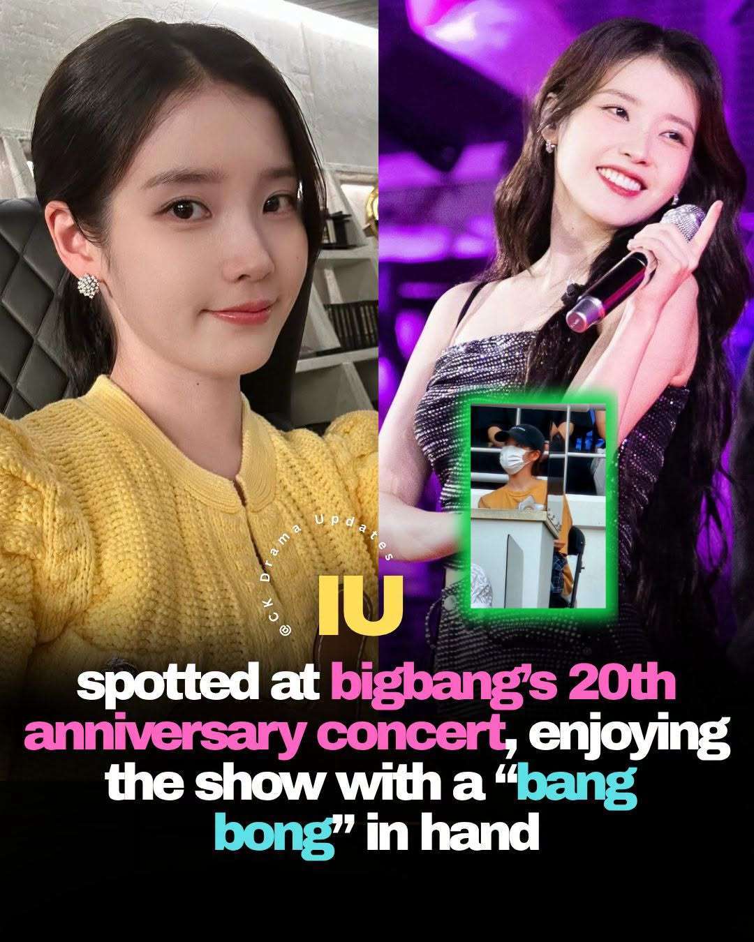 Her appearance particularly caught fans’ attention because of her longstanding connection with bigbang member G Dragon. The two previously collaborated on IU’s 2017 hit song “Palette,” with G Dragon featuring on the track and contributing to the writing of his rap verse. 
Fans were quick to appreciate the singer’s low key appearance at the milestone concert, with many noting how naturally she enjoyed the performance and supported the group from the audience. IU’s presence, along with her proudly holding the “Bang Bong,” quickly became a talking point among fans online. Ck Drama updates