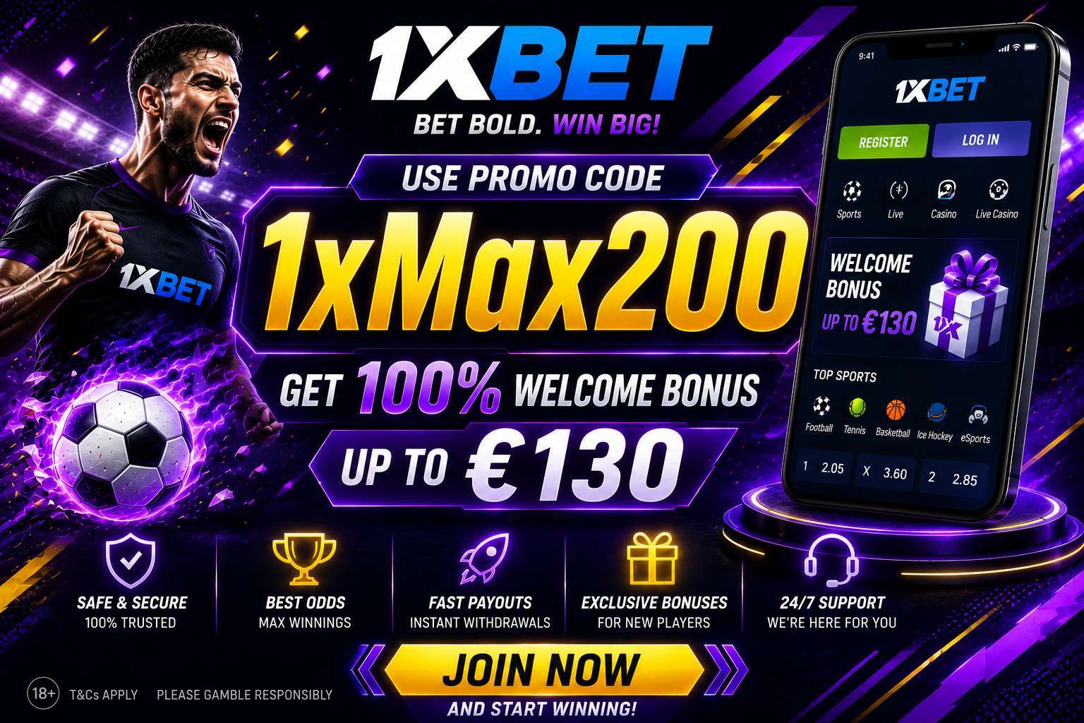 Discover the latest 1xBet promo code 2027: 1XMAX200 and learn how eligible new players can use it during account registration. This guide covers the 1xBet registration promo code, welcome bonus, first deposit requirements, free bet opportunities, casino promotions, and free spins. If you are searching for the best promo code for 1xBet, check the current terms and eligibility for your country before claiming any promotional offer. Victor Westover